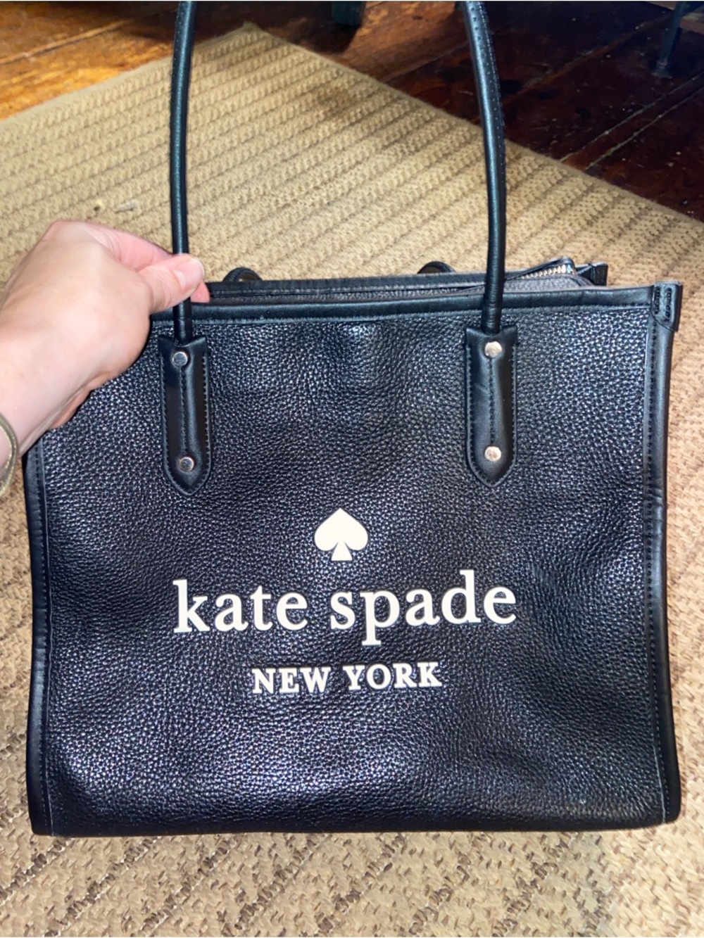 kate spade Black Pebbled Leather Logo Tote with White Print